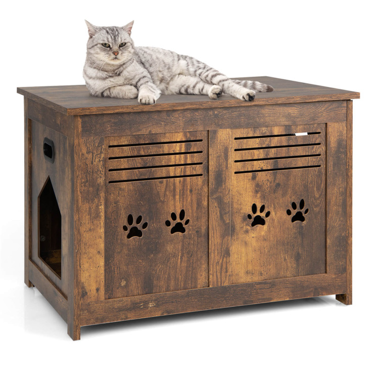 Flip-Top Hidden Cat Washroom Bench with Side Entrance-BrownCostway Gallery View 7 of 11